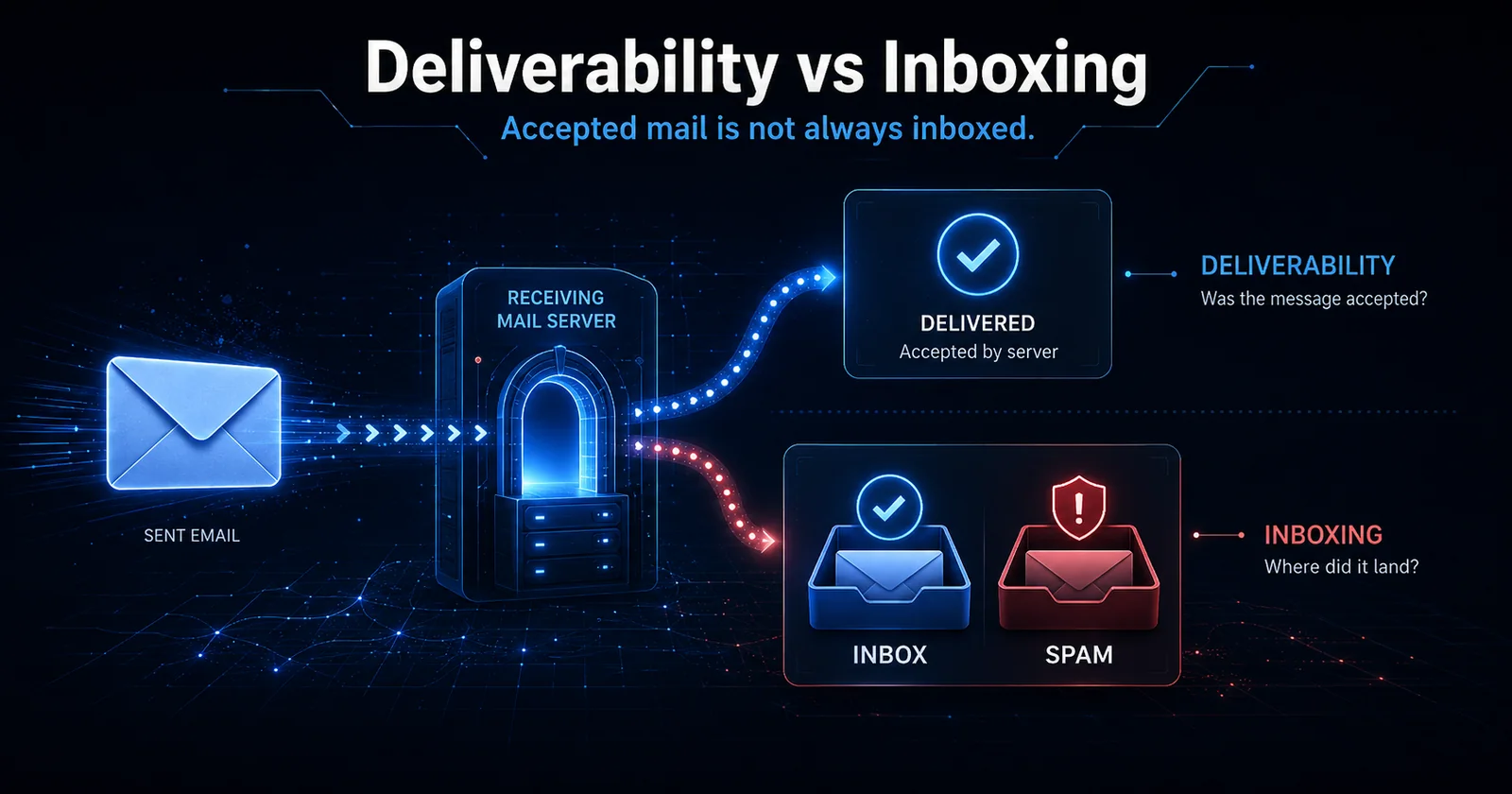 Deliverability means the server accepted the message; inboxing means where it landed — inbox or spam.