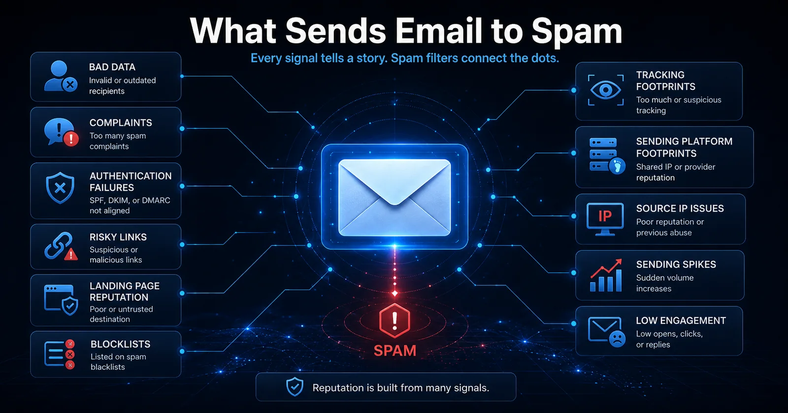 Sender reputation is built from many signals: data, complaints, authentication, links, blocklists, IP, and engagement.